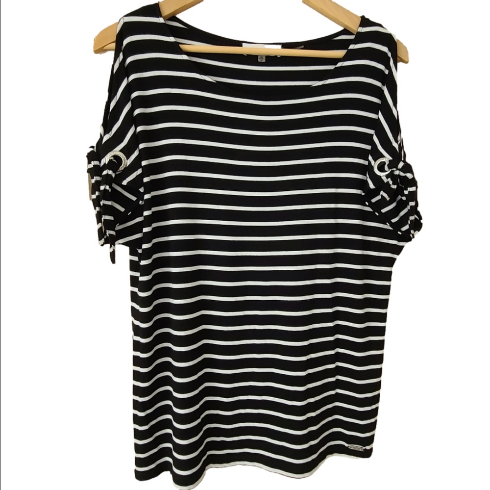 Calvin Klein Women's Top XS Black & White Striped Open Shoulders Tie